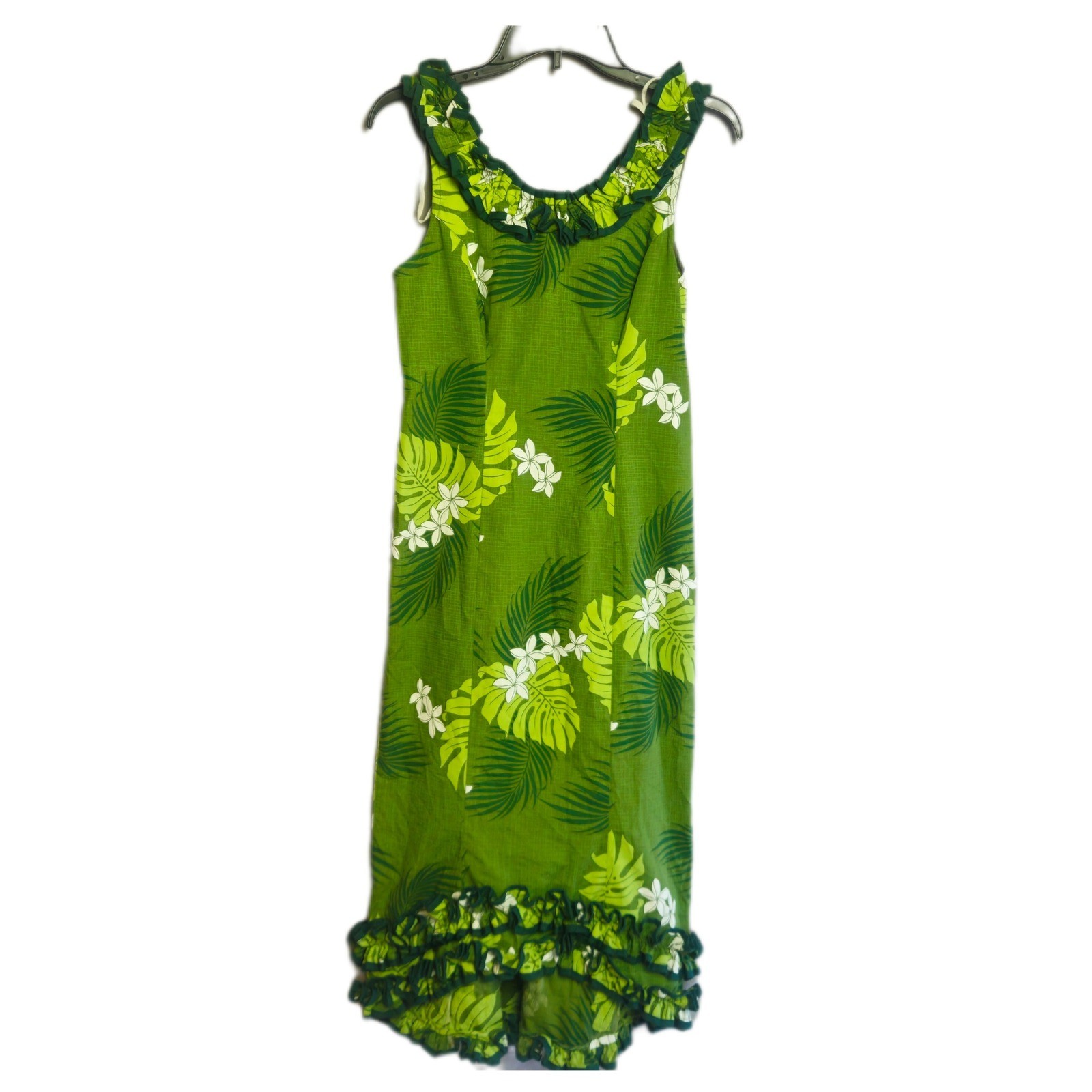 Vintage Island Aloha Wear Green Tropical Floral Ruffle Muumuu Dress Womens Small