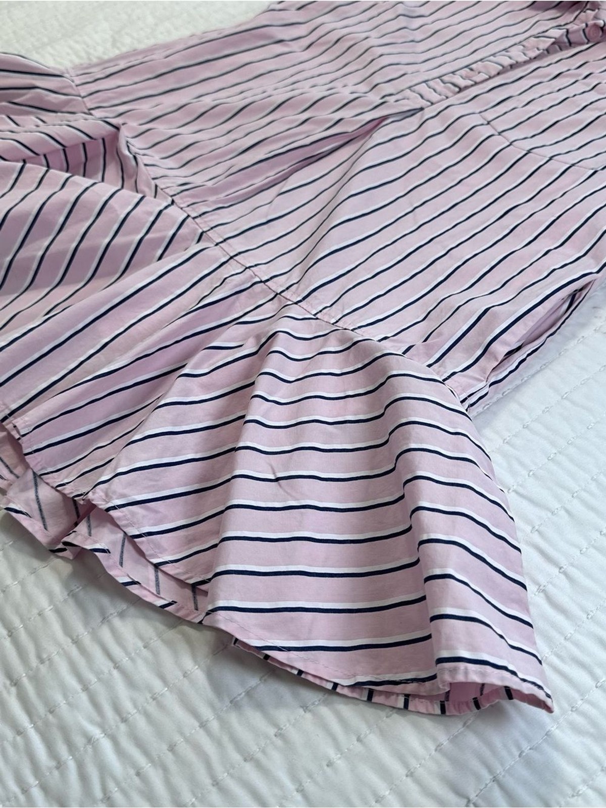 Entro Pink White and Navy Parker Striped Ruffle-Hem Mini Shirt Dress Size S
