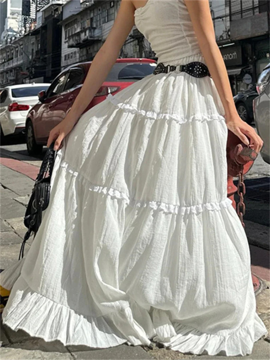 Fairycore Elegant White Smooth Hoop Dress Women’s Elastic Waist Lotus Leaf Edge