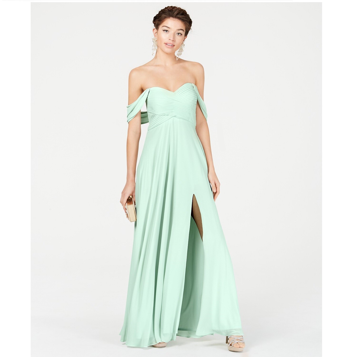 Sequin Hearts Junior Womens 7 Sage Green Off The Shoulder Evening Gown NWT