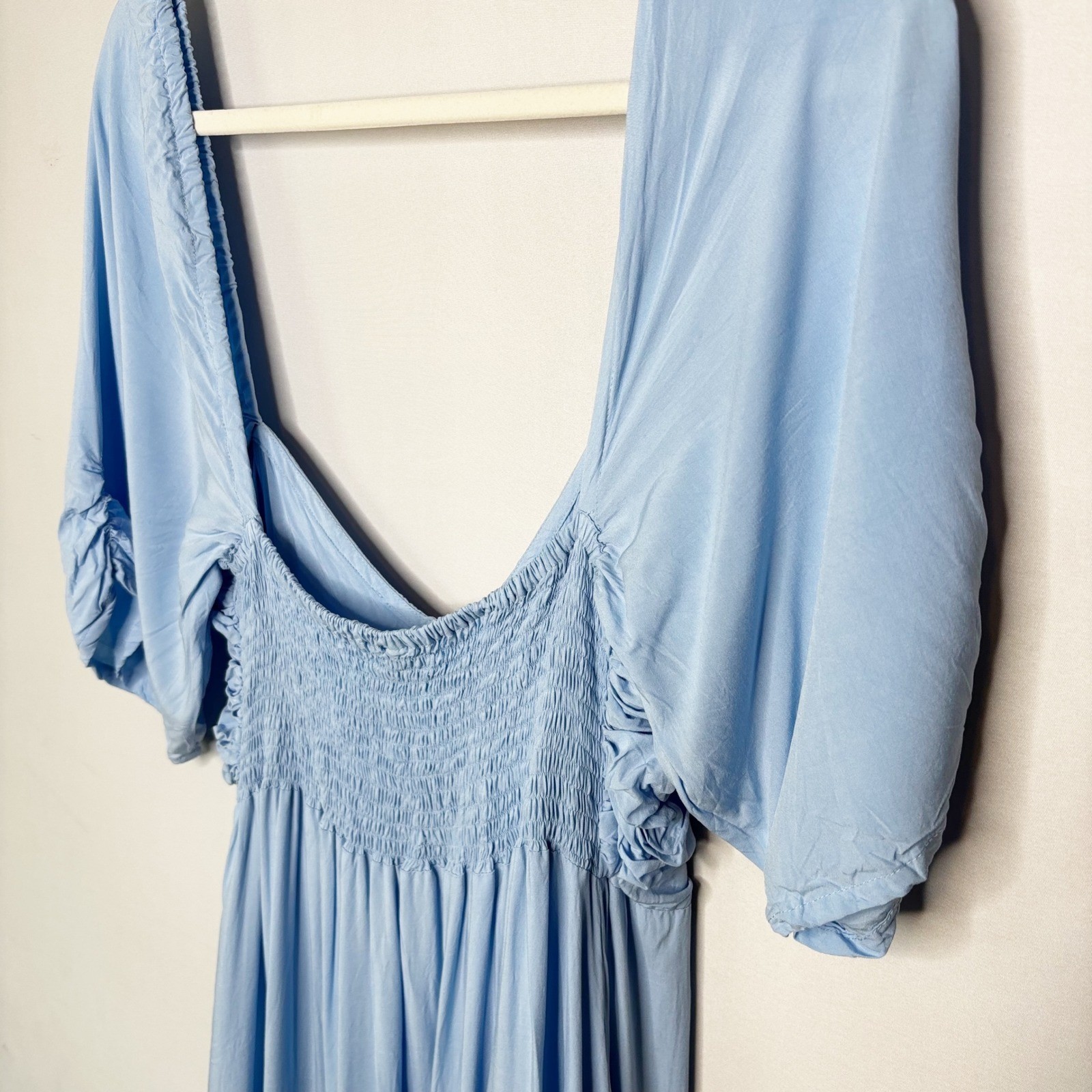 ELF Made By Hand Bali Blue Ruched Button Front Puff Sleeve Midi Dress Size XL