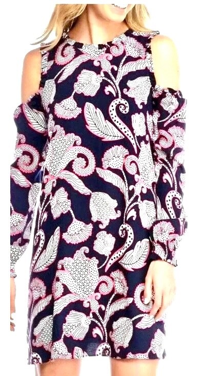 Crown & Ivy Women’s Blue Pink Cold Shoulder Geometric Dress, Sz Sm, NEW W TAGS!
