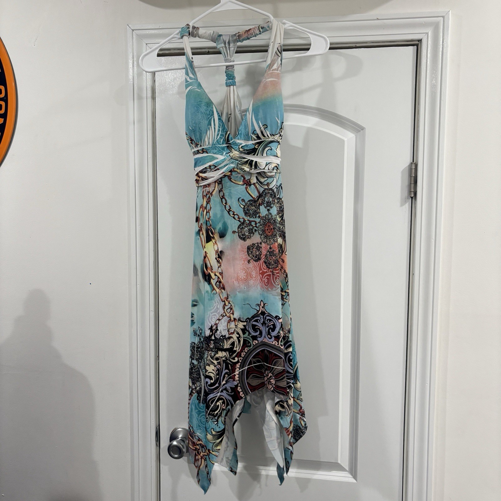 Abstract Multicolor Halter V-Neck Fit & Flare Hi-Low Dress Sleeveless S