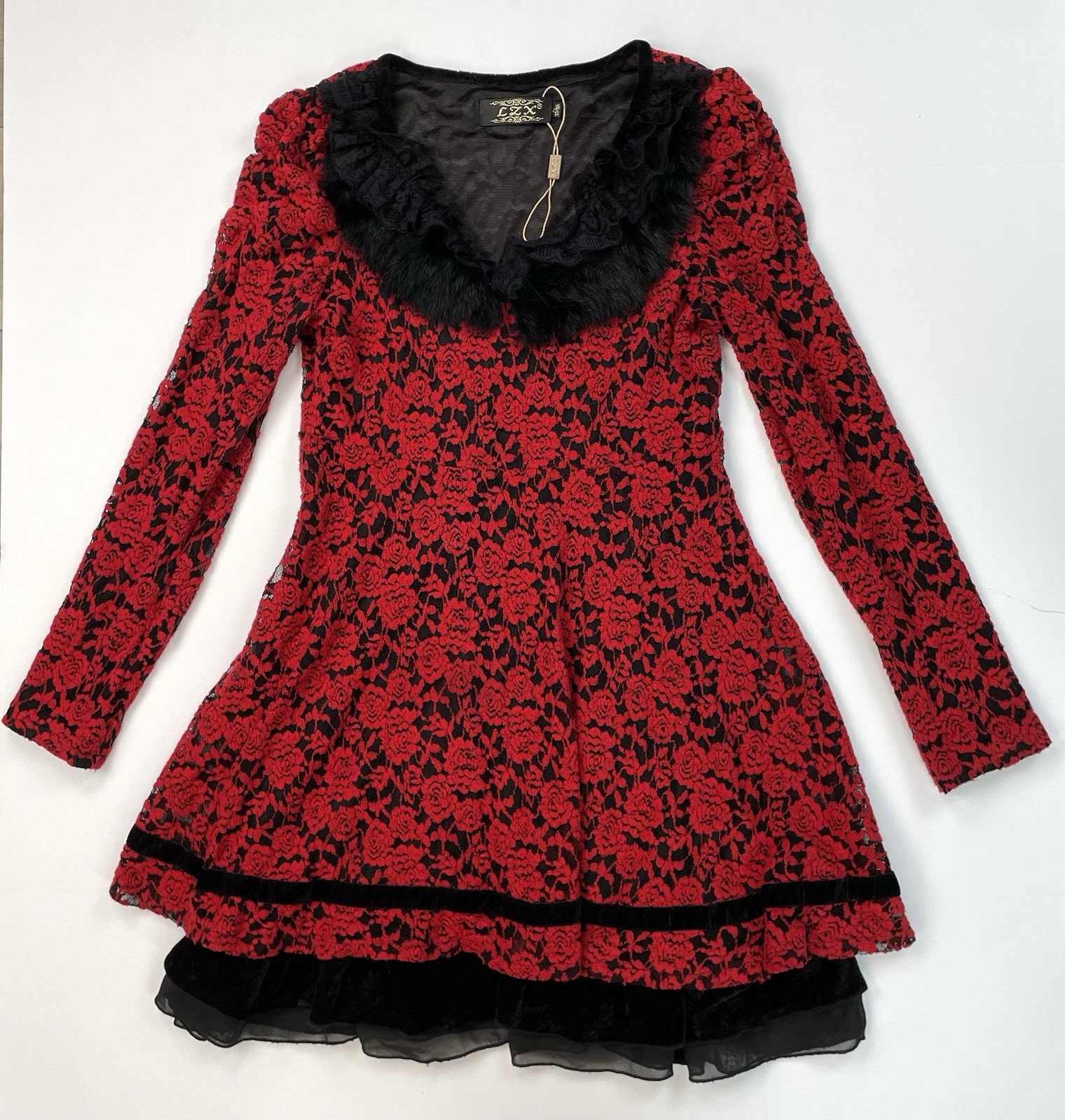 LZX Gothic Red Lace Mini Dress Black Ruffle Fur Collar Lolita Whimsigoth XS ?
