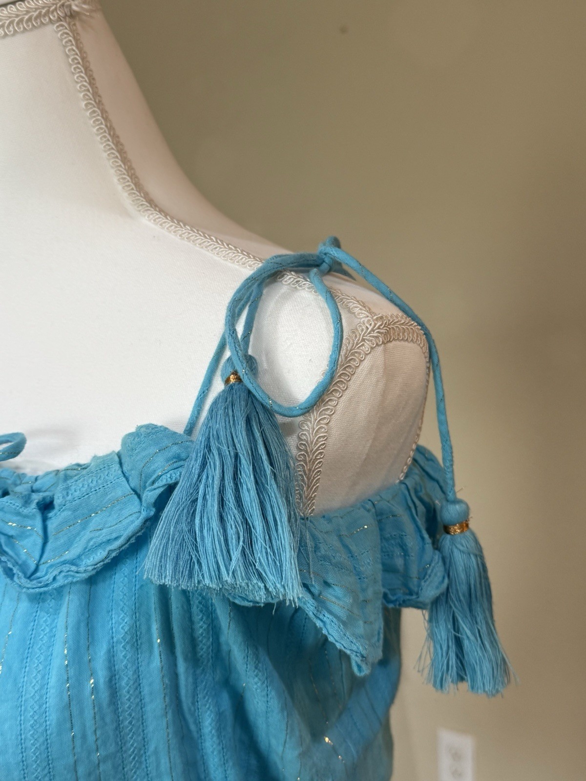 Karina Grimaldi Blue Tassel summer Mini Dress Medium Ruffle Metallic Resort