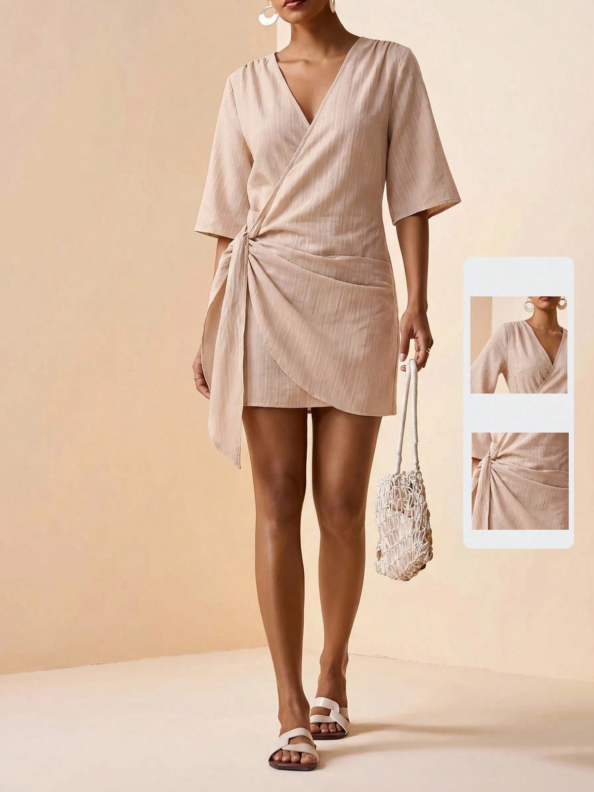 Elegant V Neck Mini Dress in Dark Brown