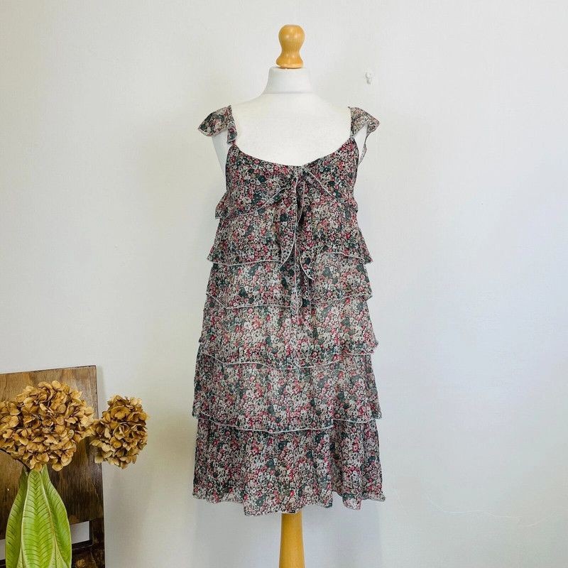 Beige Green Pink Brown Floral Print Layered Ruffle Frill Dress 12 14