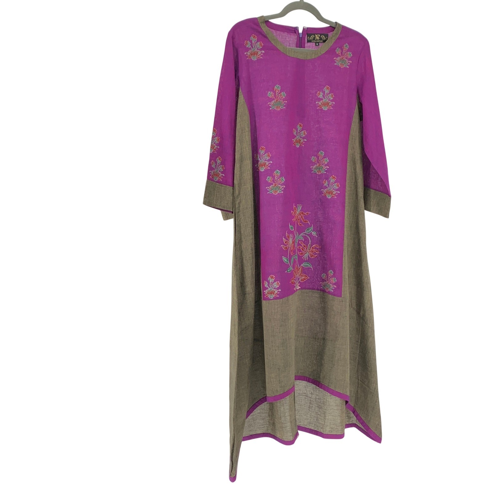 Nazila Couture Purple Olive Embroidered High Low Tunic Dress Small Boho Floral