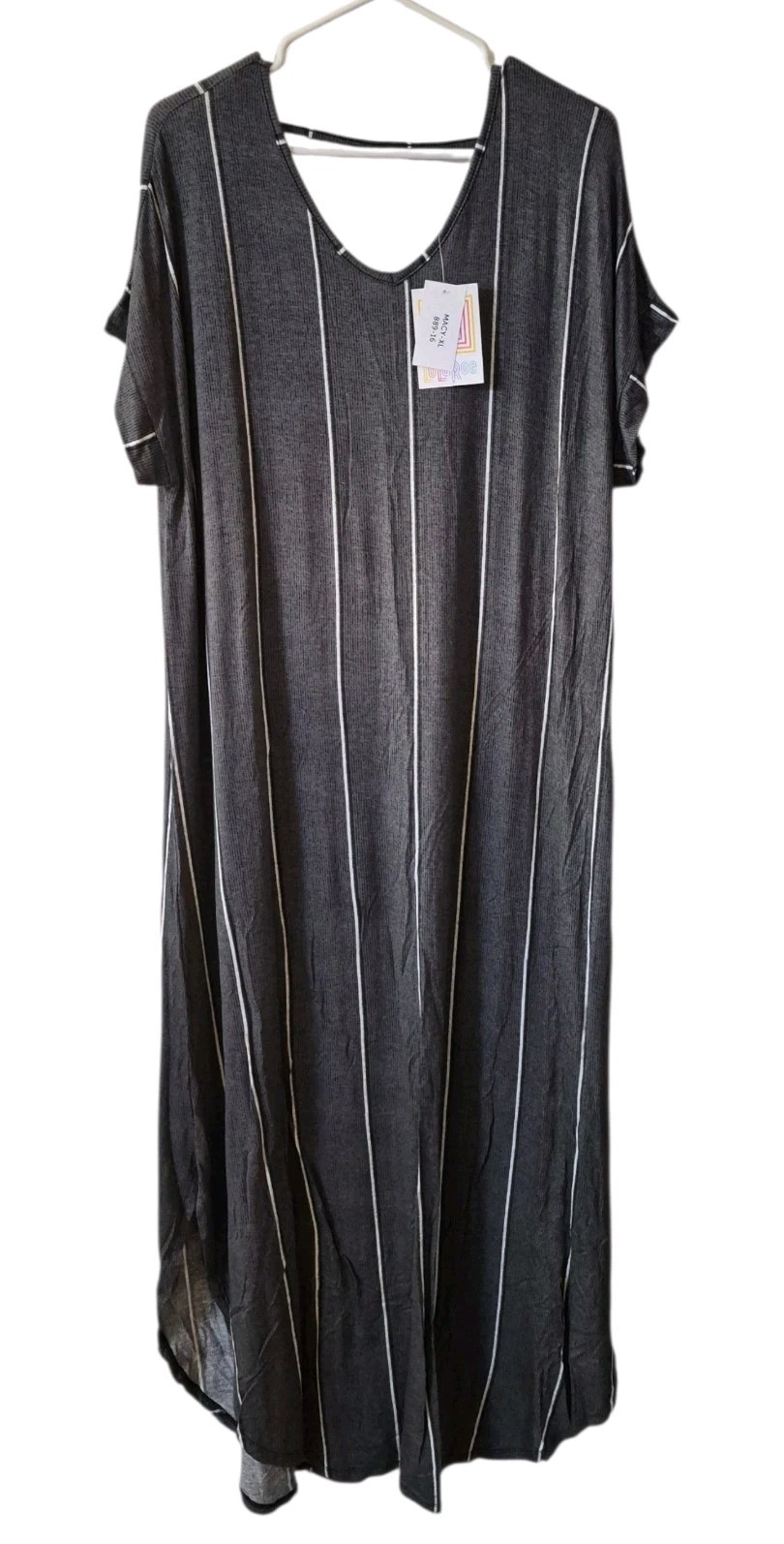 LuLaRoe Vertical Striped XL Macy V Neck Maxi Dress Gray White Stripes NEW!