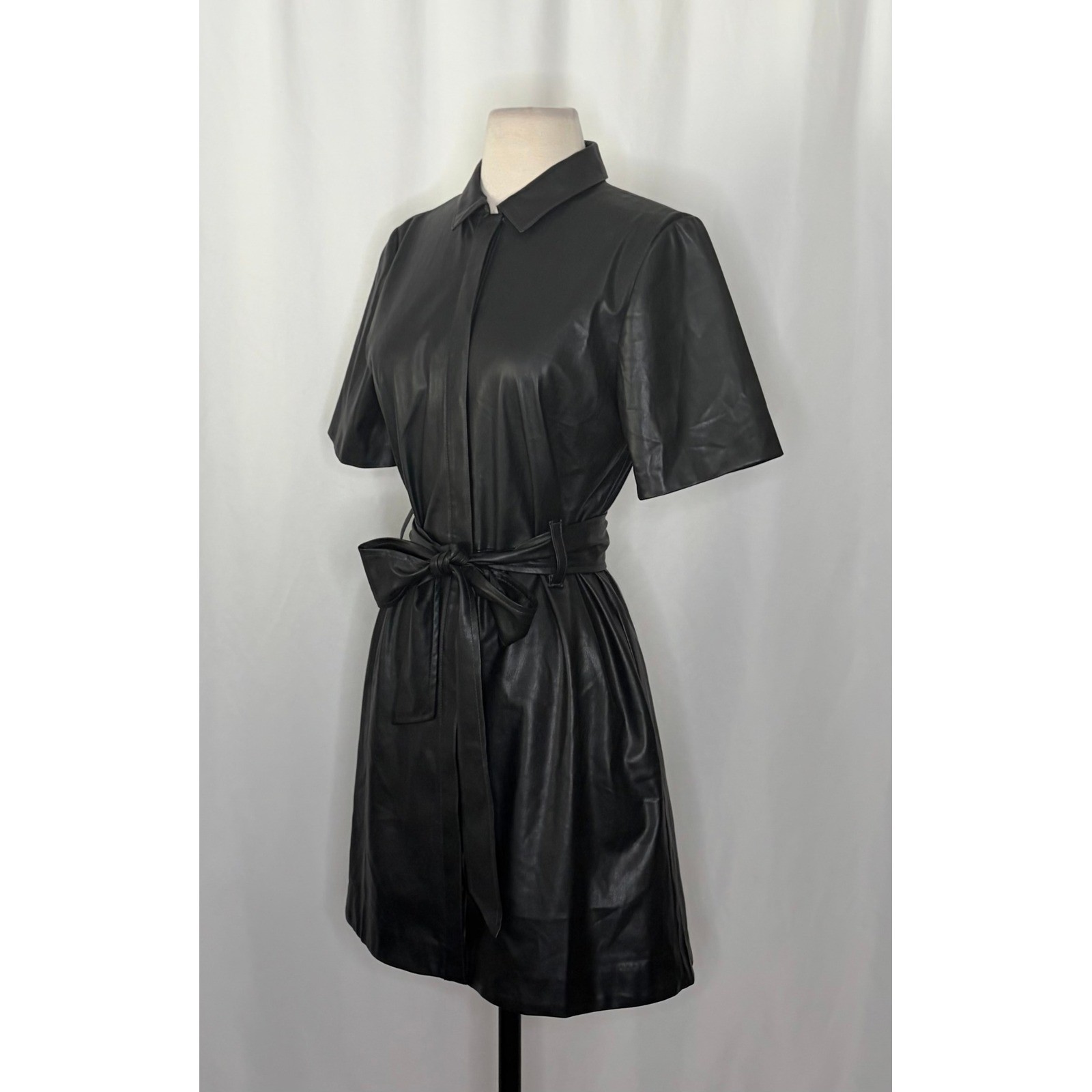 NWT!! J. CREW Solid Black Button Front Faux Leather Dress Belted Vegan Small