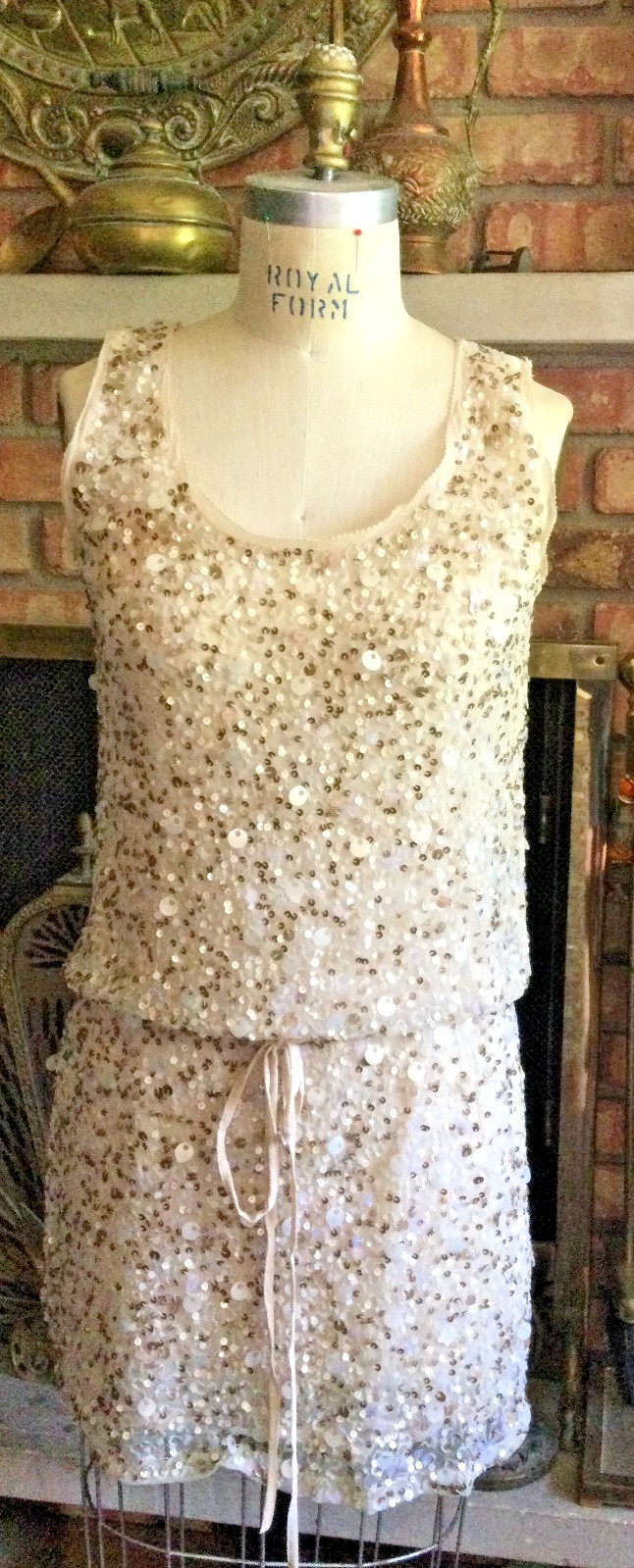 Sequin Paillette *Gold Hawk* Ivory Gold Lined Dress XS GUC Drawstring Back Tie