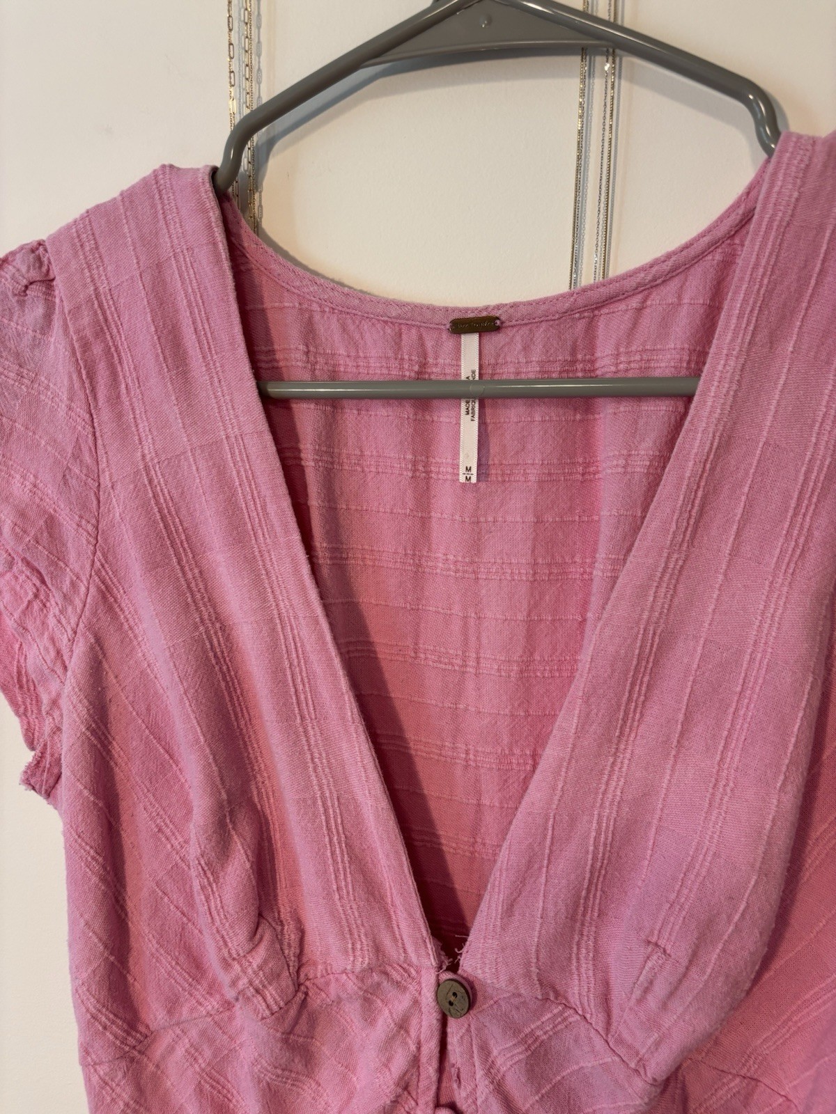 Free People Pink Rayon Woven Solid V-Neck Button Front Cap Sleeve Maxi Dress M