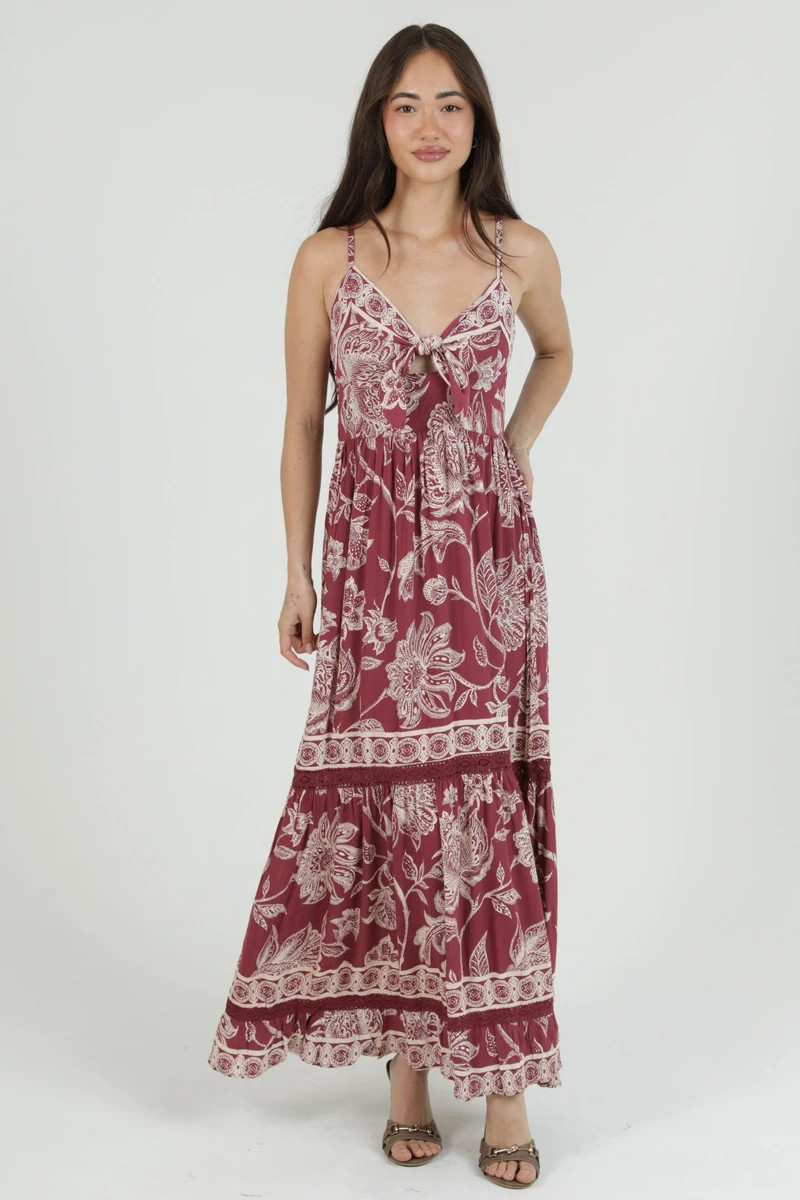 Angie Chocolate Brown V Neck Twist Cut Out Front Maxi Dress F4F50-A990