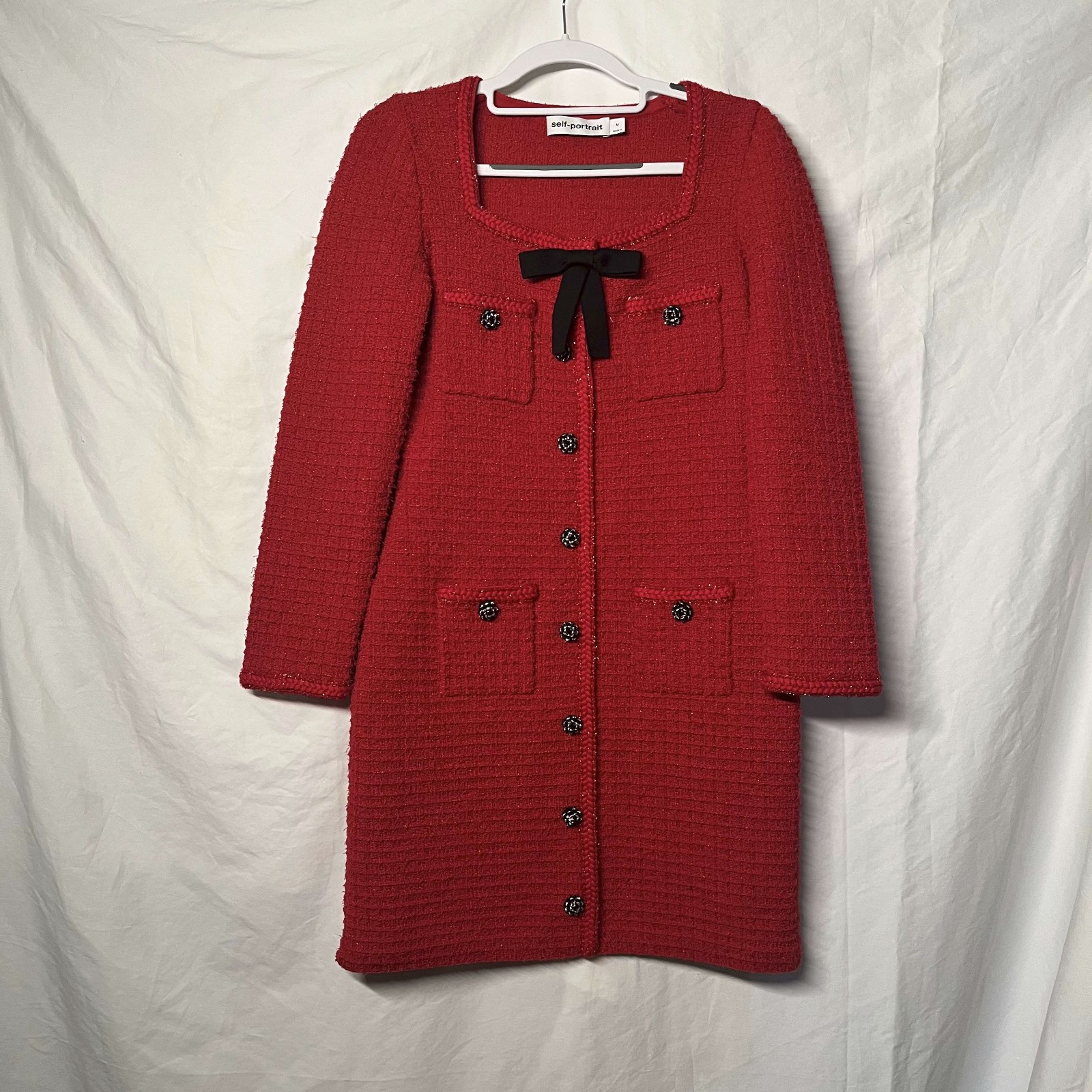 Self-Portrait Red Bow Knitted Detail Mini Dress Diamanté Size M Women