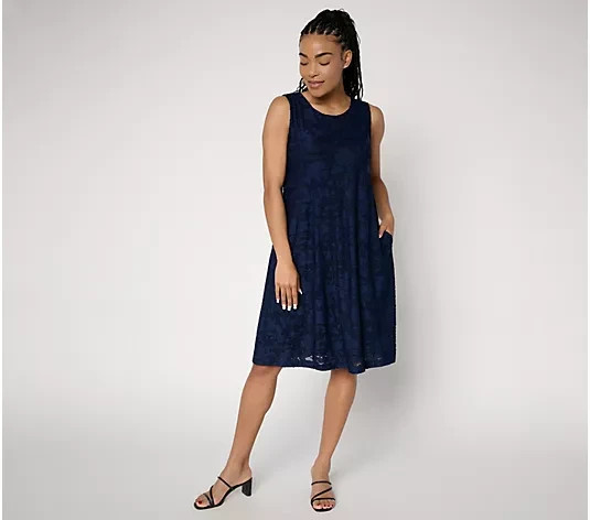 Susan Graver Burnout Knit Sleeveless A-Line Dress-Navy-Petite XL-NEW-A722256