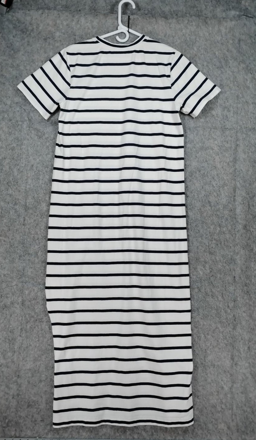 Caslon Black White Striped Maxi Dress Med Short Sleeve Pocket Slit Cotton Blend