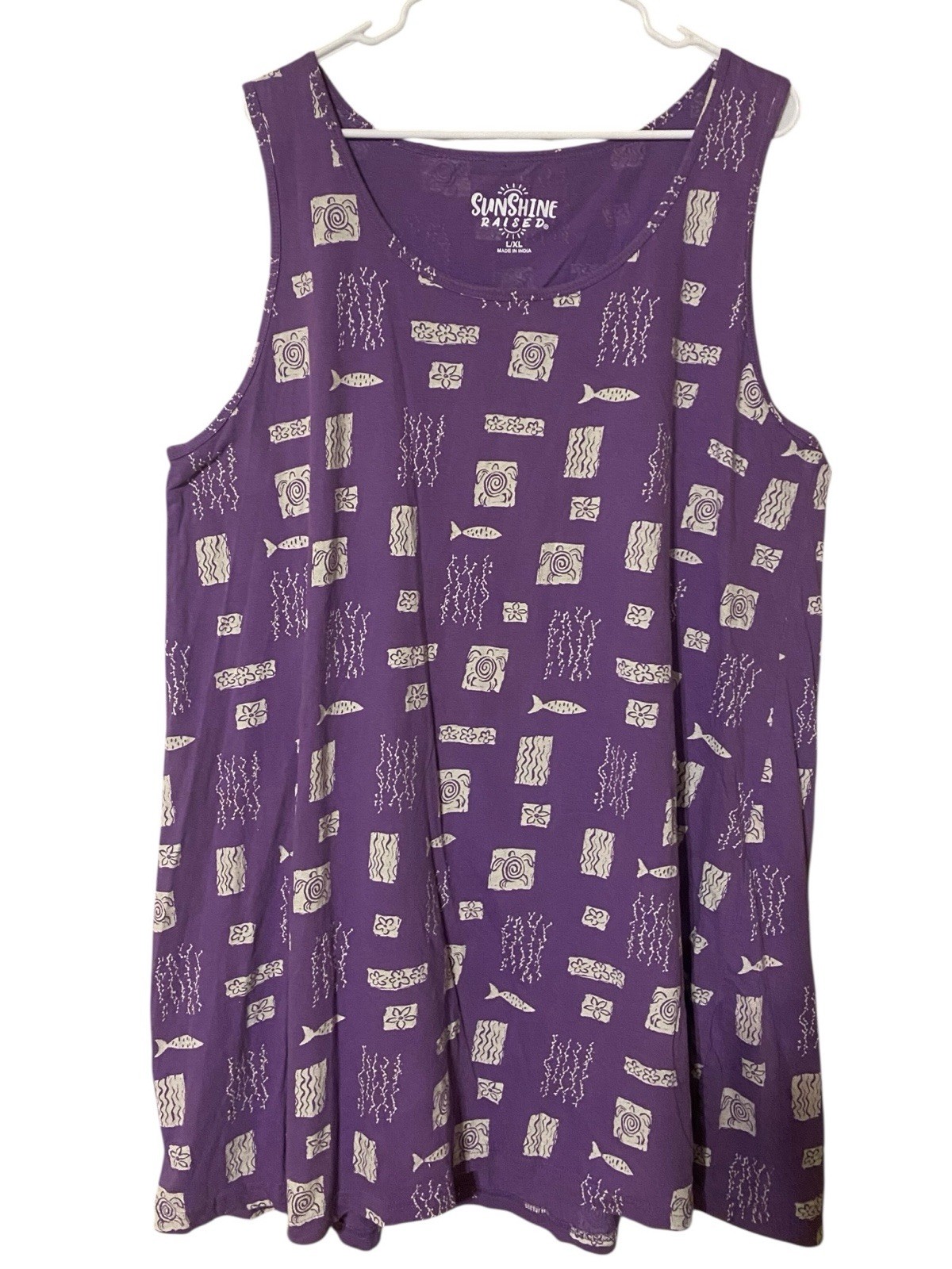 Sunshine Raised Novelty Fish Tunic Mini Dress L/XL Purple 100% Cotton Beach Girl