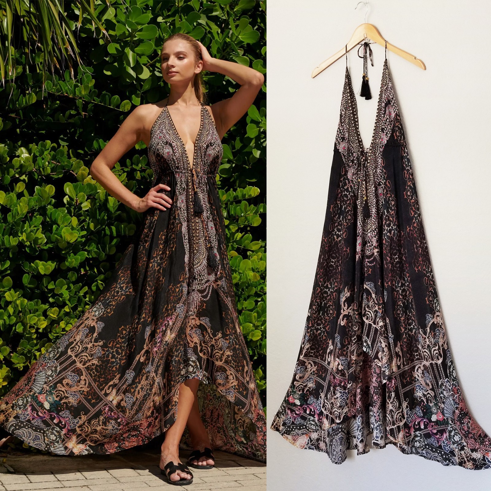 La Moda True Colours Halter 3-Way Maxi Dress Rhinestone Embellished Boho Goddess
