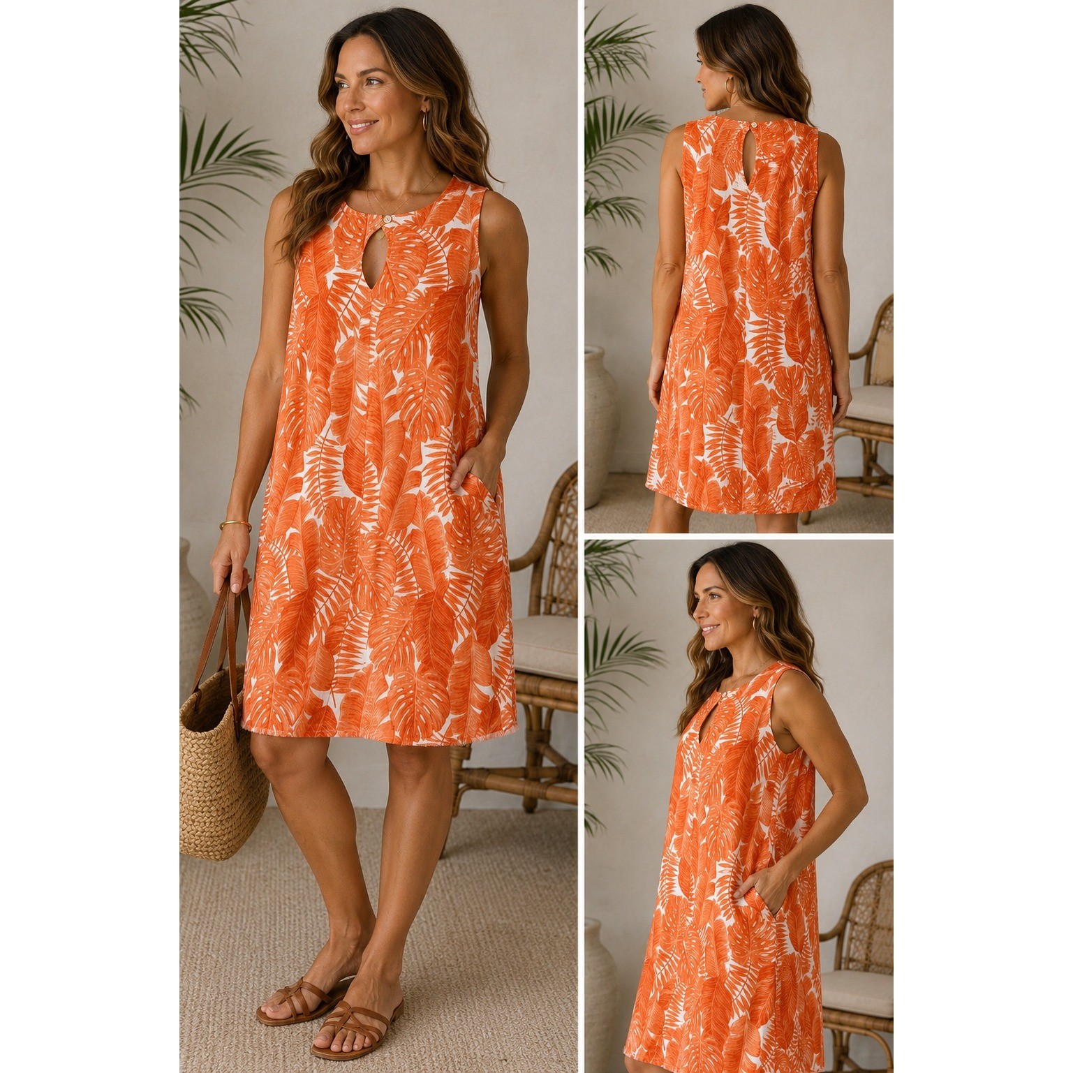 Tommy Bahama Orange Tropical Monstera Leaf Print 100% Linen Shift Dress Large