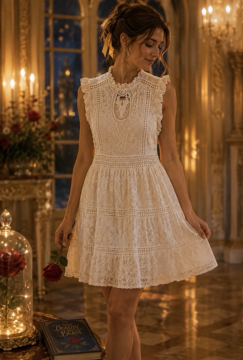 Disney Beauty and the Beast Belle White Lace Floral Fit & Flare Dress S