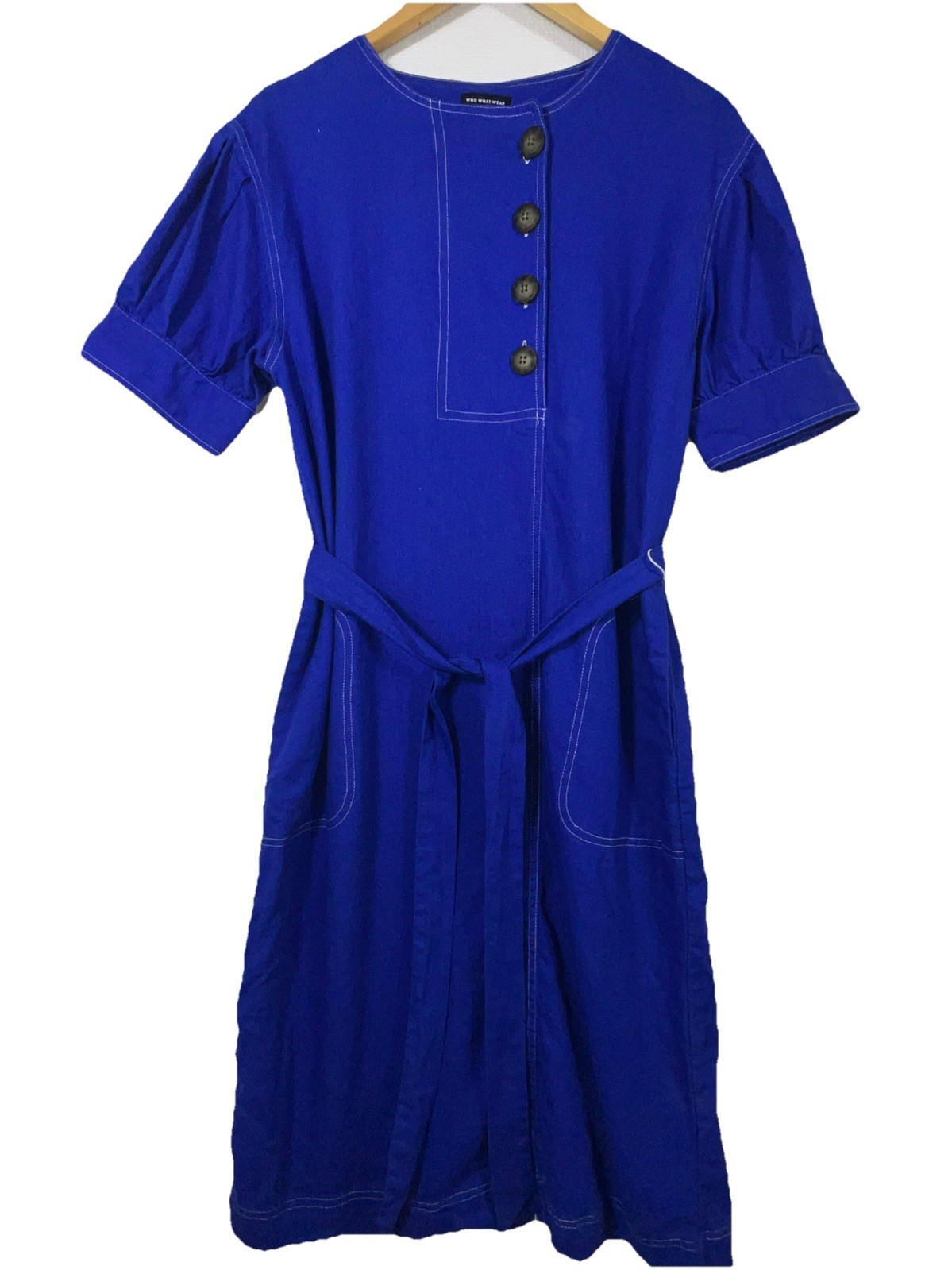WHO WHAT WEAR Short Sleeve Crewneck Blue Button-down A Line Dress Women’s Small