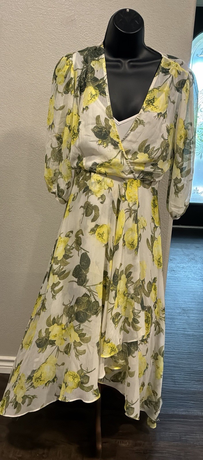Calvin Klein White Yellow Green Floral Chiffon Wrap V-Neck 3/4 Midi Dress M