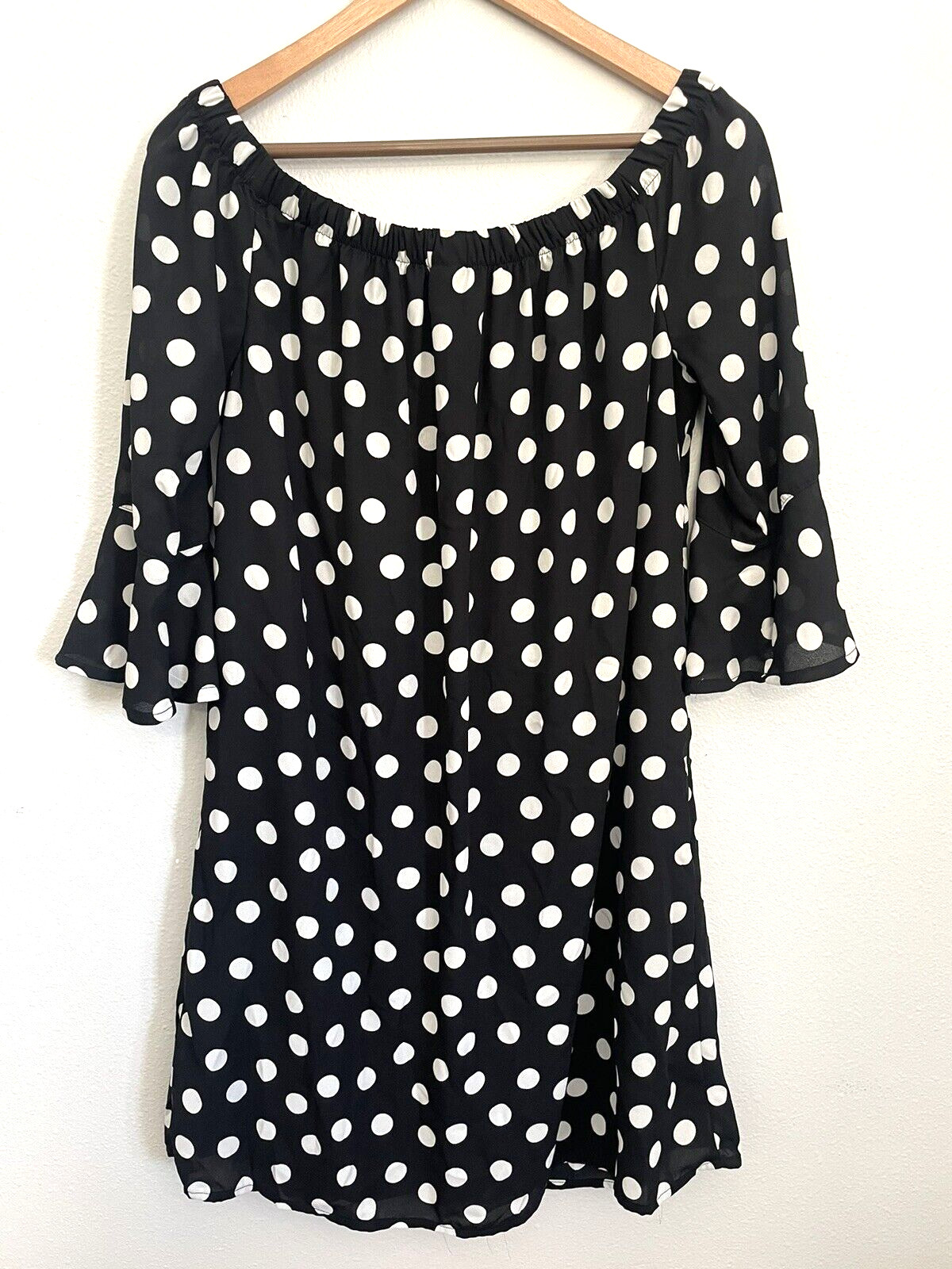 City Streets Black Polka Dot 3/4 Bell Sleeves Mini OFF SHOULDER Dress Large L