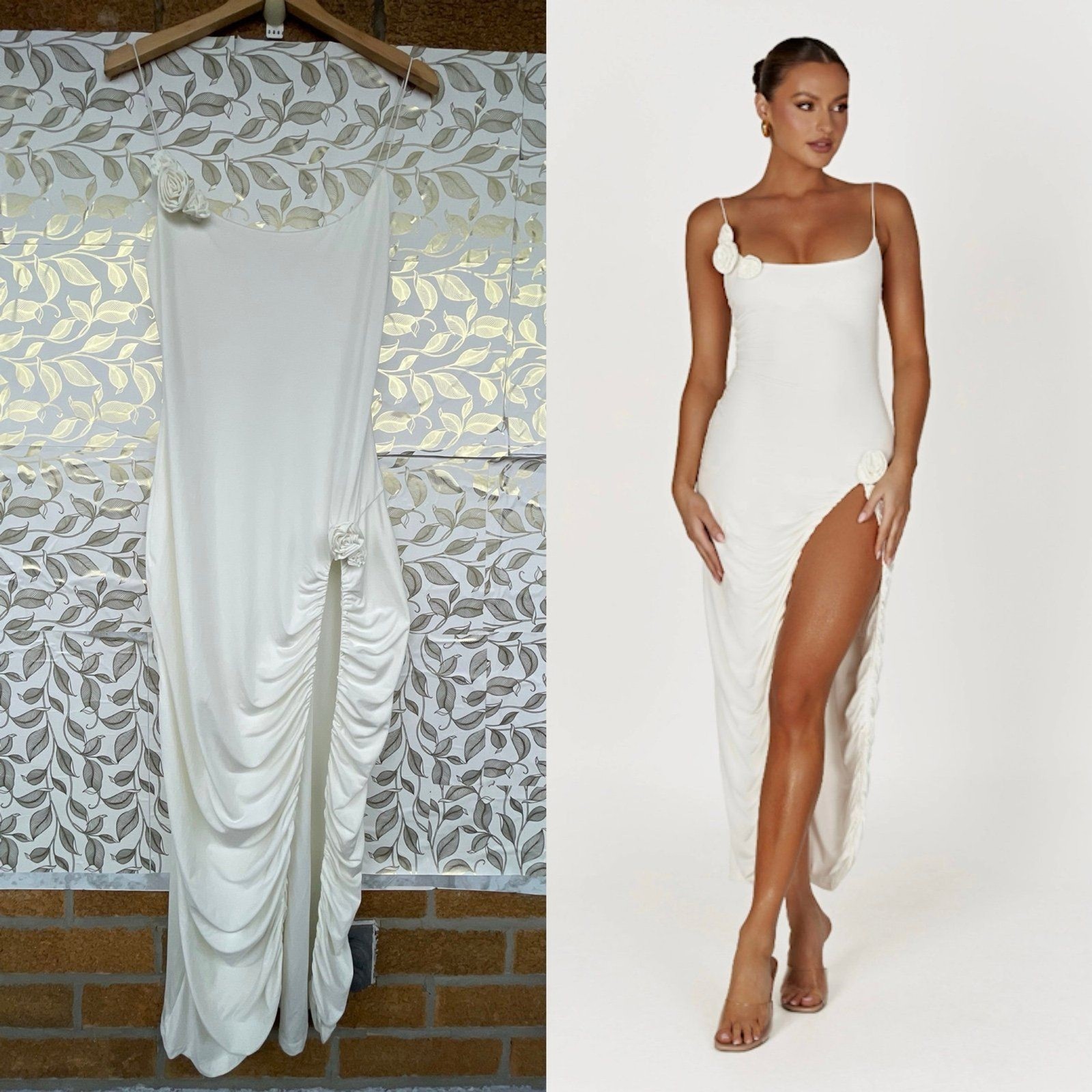 MESHKI XL Ivory Rosette Maxi Dress | Ruched Slit Bridal Coquette Formal Glam