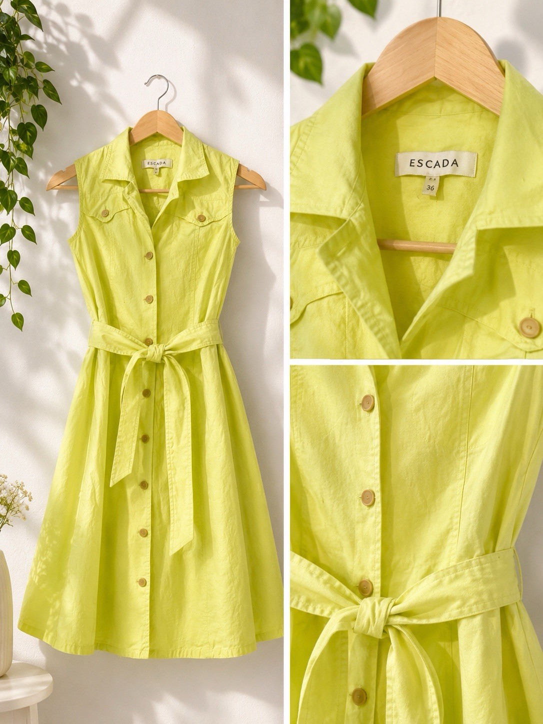 ESCADA Yellow Solid Shirt Dress EU 36 Sleeveless Collared Button Belted Knee