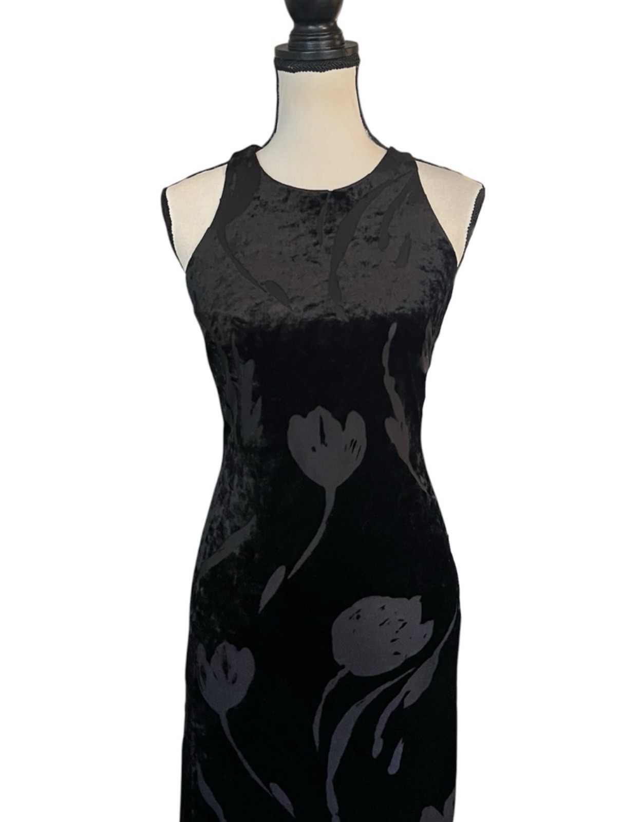 Vintage 90s Laundry Shelli Segal Velvet Sheer Mesh Tulip Floral Maxi Slip Dress