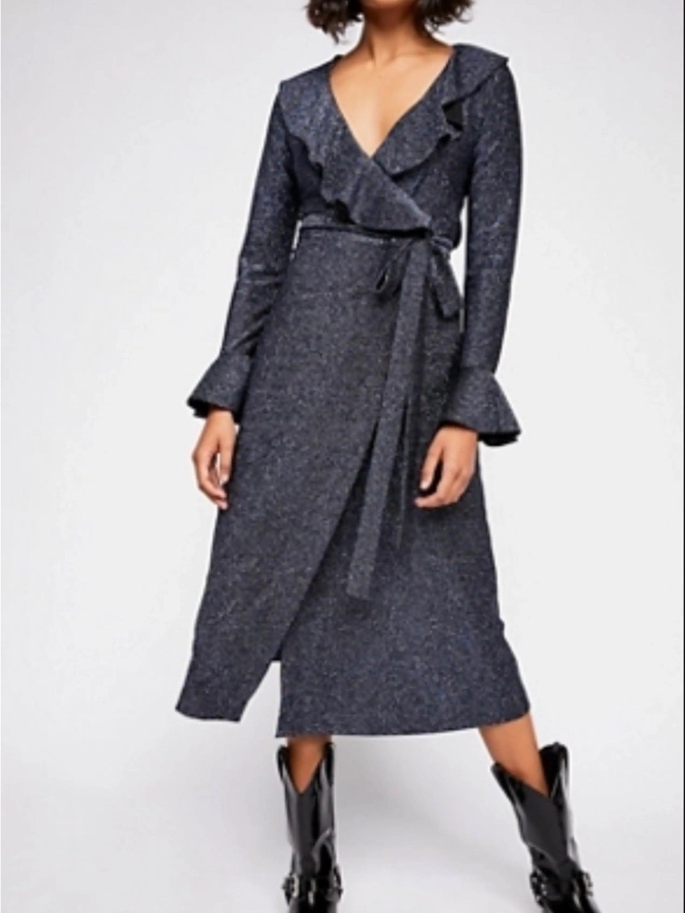 Free People One More Time Lurex Wrap Dress Large Glitter Ruffle Midi Dress Long