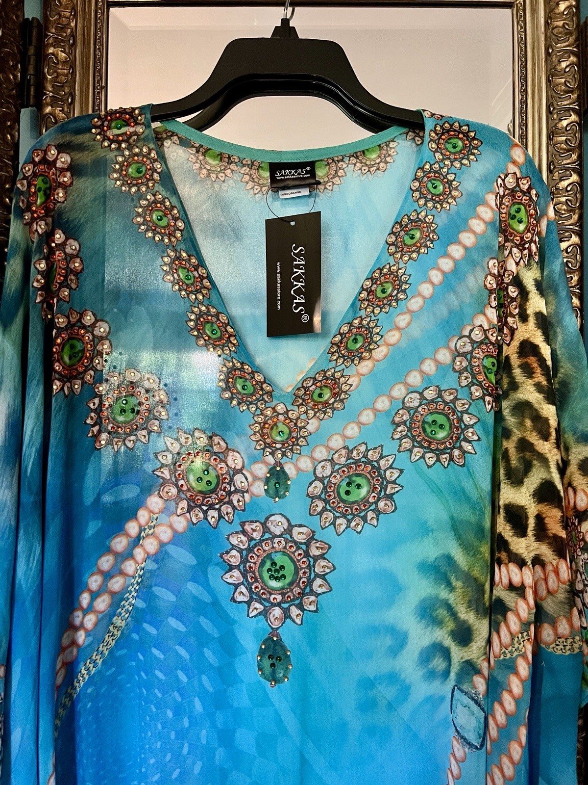 Beautiful Sakkas Turquoise Long Caftan Sparkly Flowy Bejeweled One Sz fits most