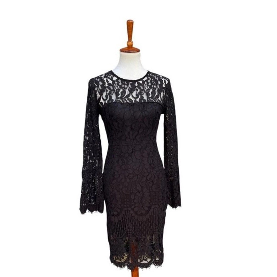 Lulus Lace Bodycon Dress Women Large Black Long Bell Sleeve Sheer Yoke Mini