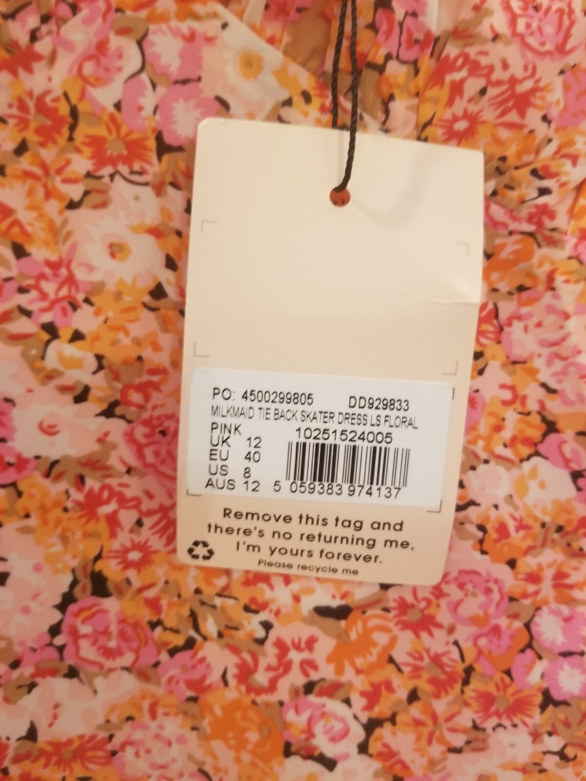 Missguided Milk Maid Tie Back Skater Dress L/S Floral Size U.S. 8 New With Tags