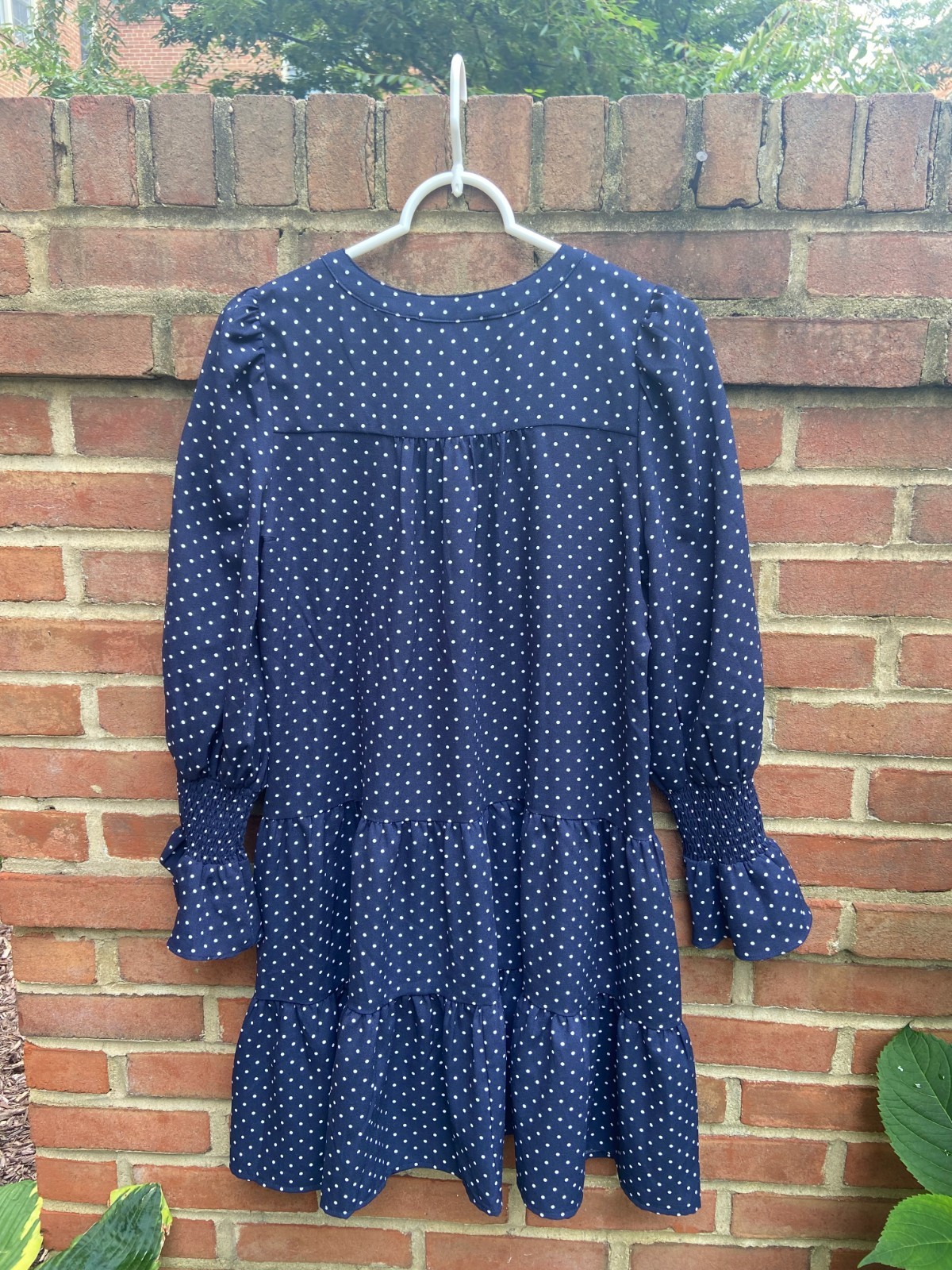 Tuckernuck Pomander Place Dress Small Navy Blue w/ white Dots Ruffle Tiered Mini