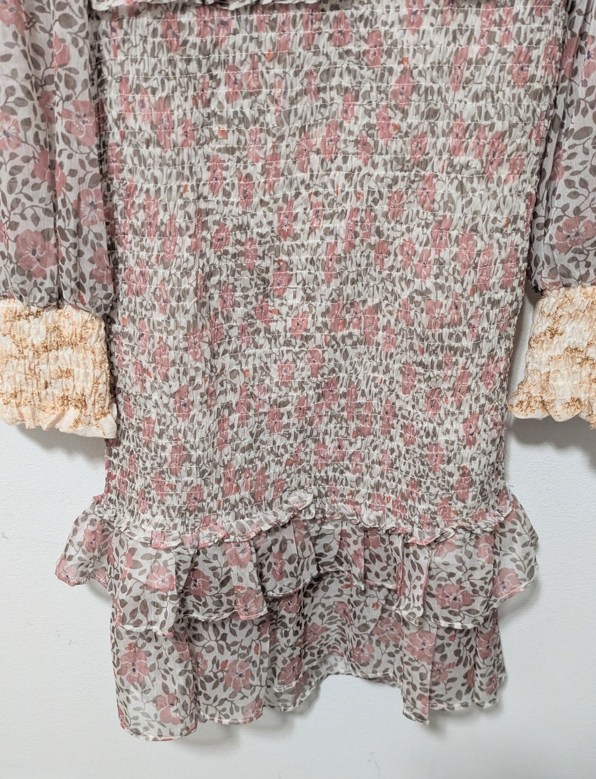 WINONA AUSTRALIA Floral Smocked Ruffle Mini Dress XS Pink Ruffles Sheer Romantic