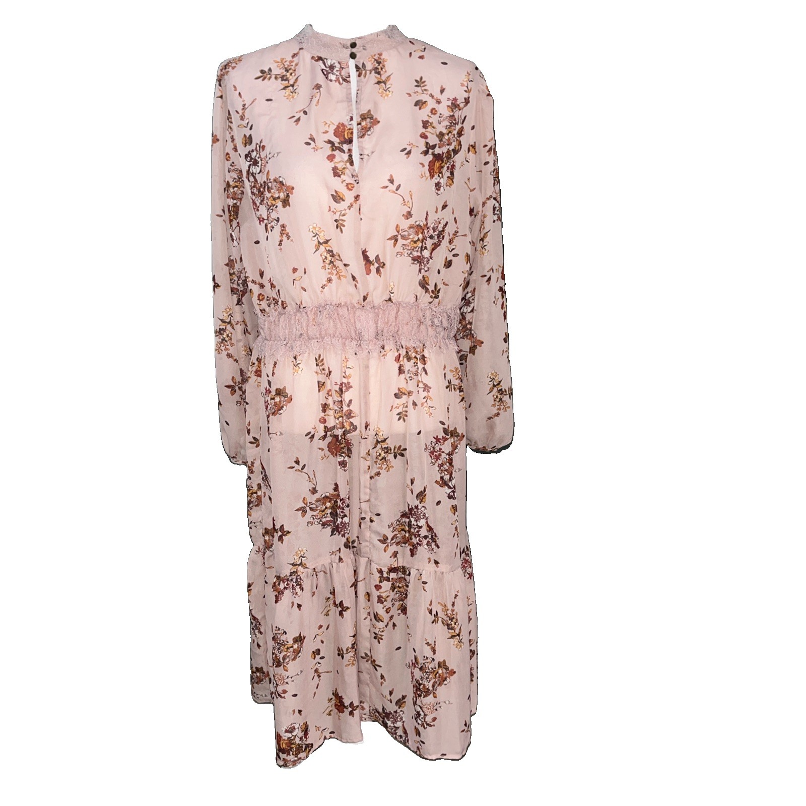 Bohemian Pink Floral Sheer Illusion Overlay Dress Cottage Core High Neck Sz L