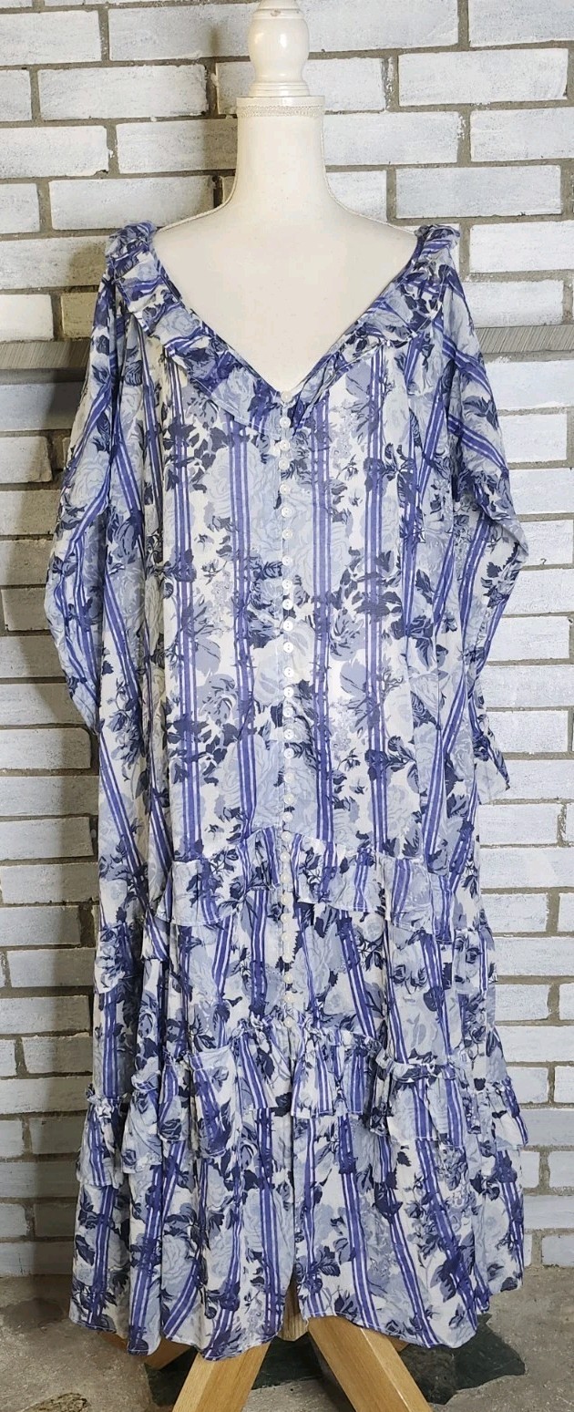 • Free People Dainty Ruffle Cottage Garden Wonders Maxi Dress Blue Combo Large