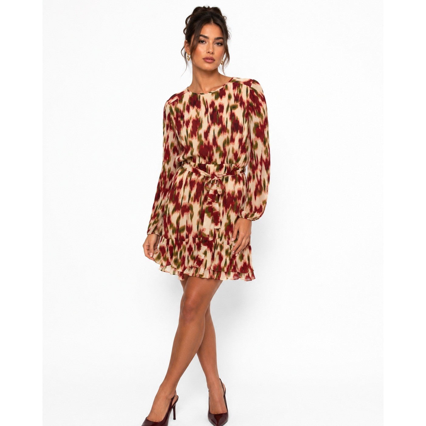 Les Serein Sofia Red Abstract Plisse Long Sleeve Mini Dress Large NWT