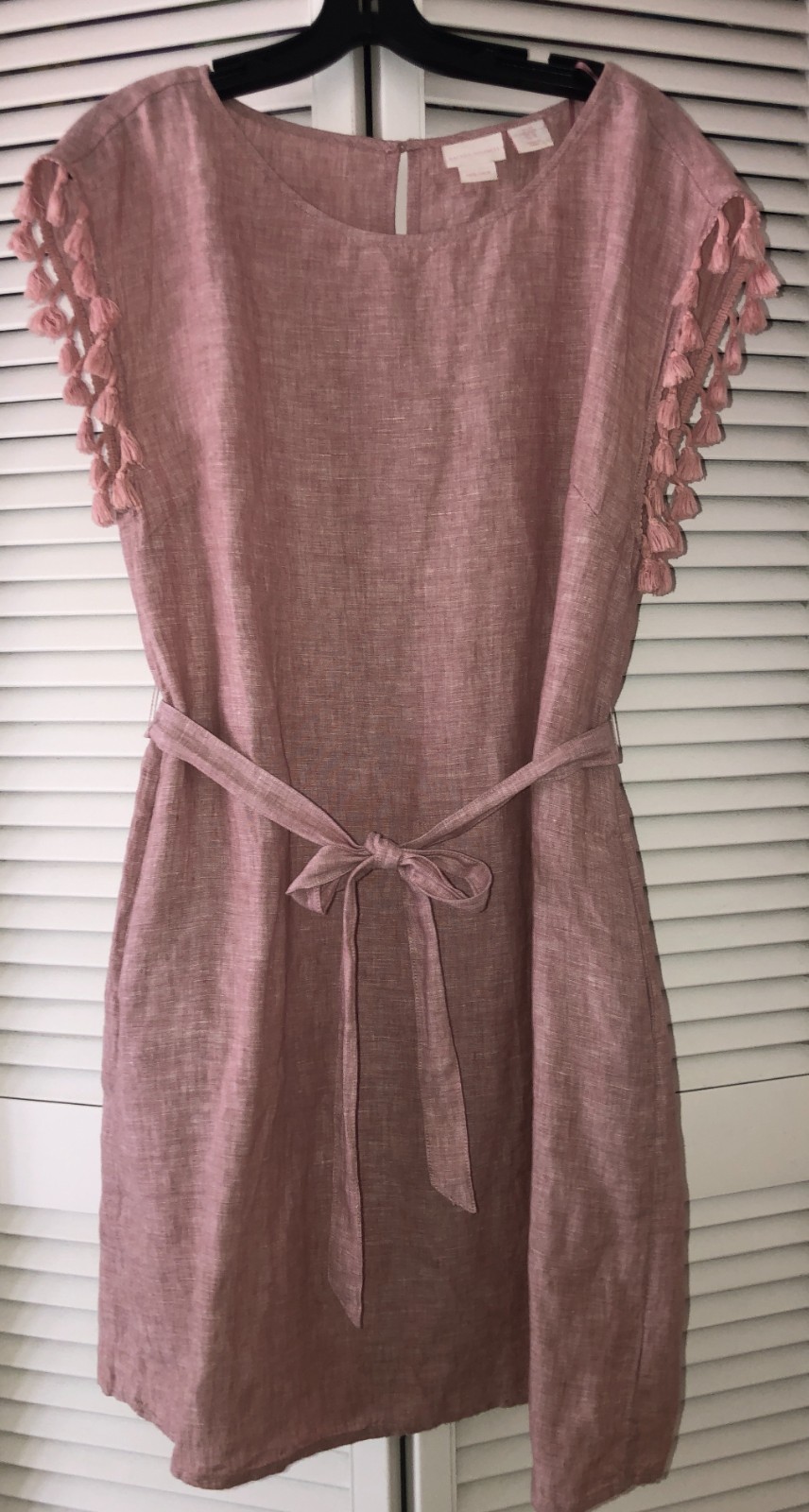 Rachel Ashwell Dusty Pink 100% Linen Shift Dress Pockets Medium Tassels Boho