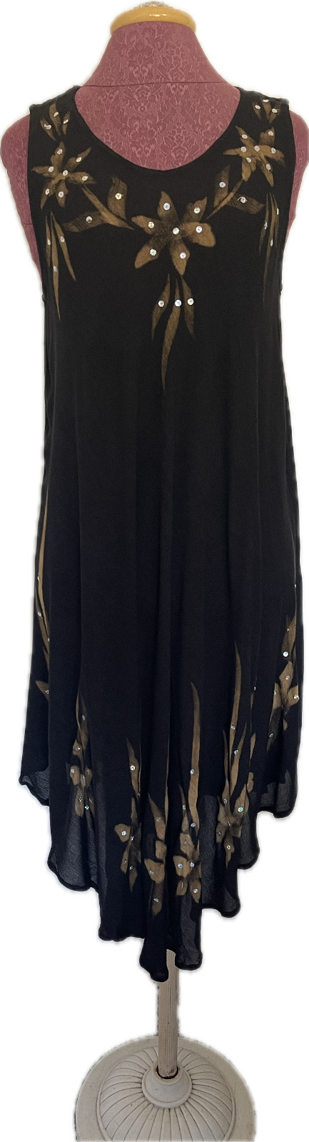 Ace Fashion Black Midi Dress Floral Rhinestone Asymmetrical Hem Free Size
