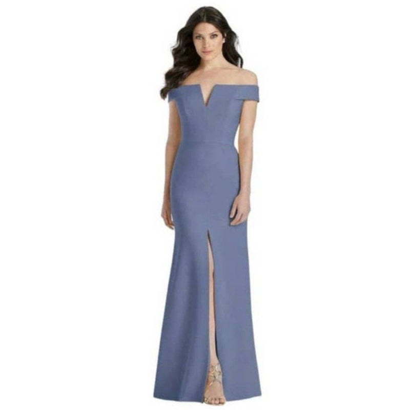 NWT Dessy Collection Off The Shoulder Notch Trumpet Gown Larkspur Blue Sz 8
