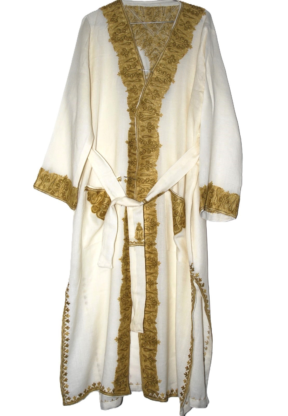 Kashmiri Ethnic Embroidered Woolen Dressing Gown Ladies Off-white, Multicolor