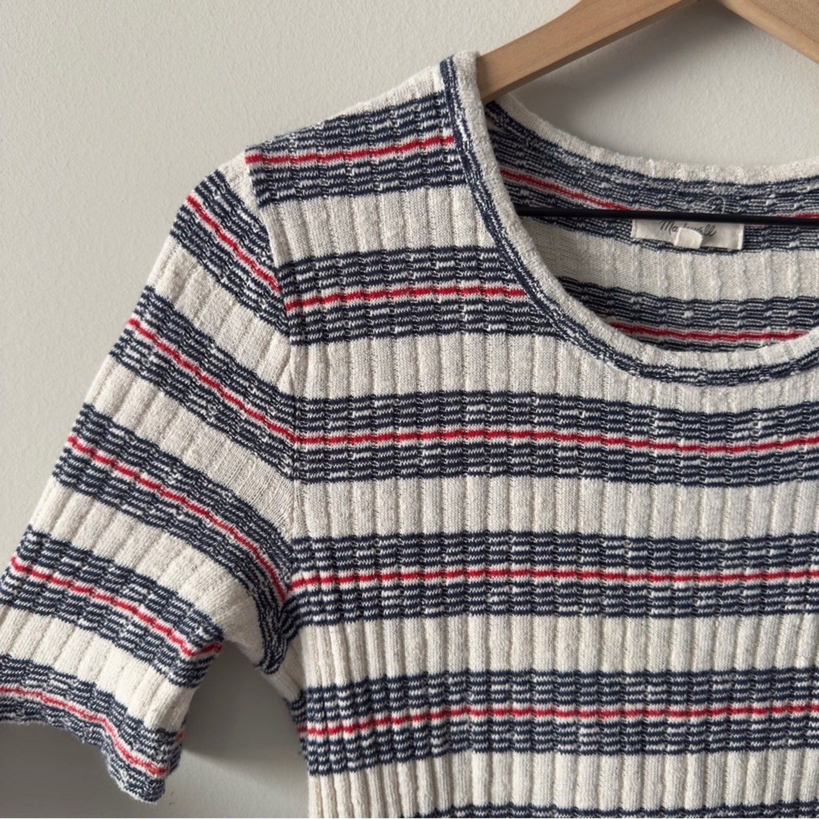 Madewell Ribbed Striped Knit Dress Short Sleeve Bodycon crew neck preppy buttons
