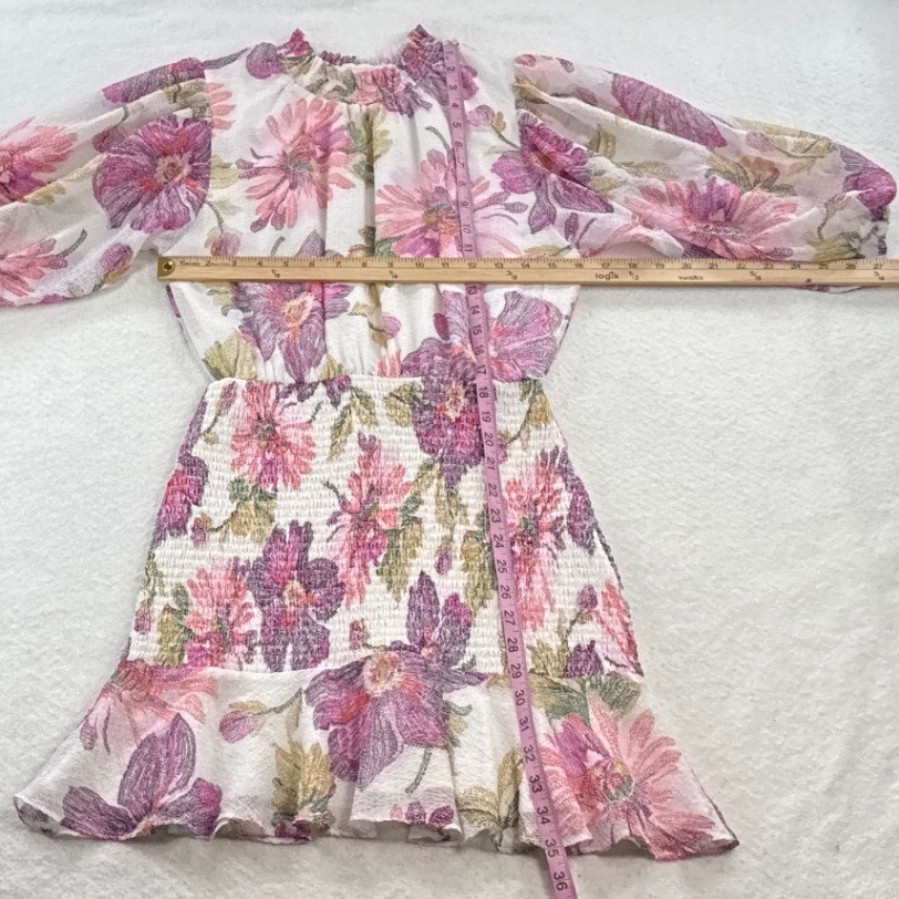 Olivaceous Womens Small Floral Smocked Mini Dress Puff Sleeve Romantic Boho