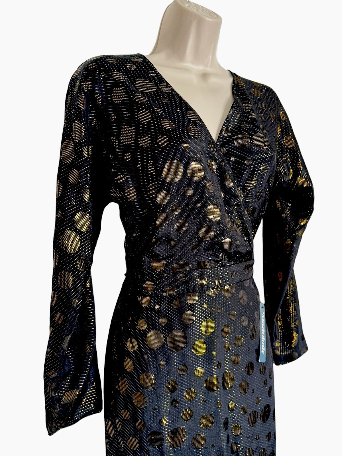 New Modcloth Golden Record Party Wrap Dress Womens Size small belted black gold