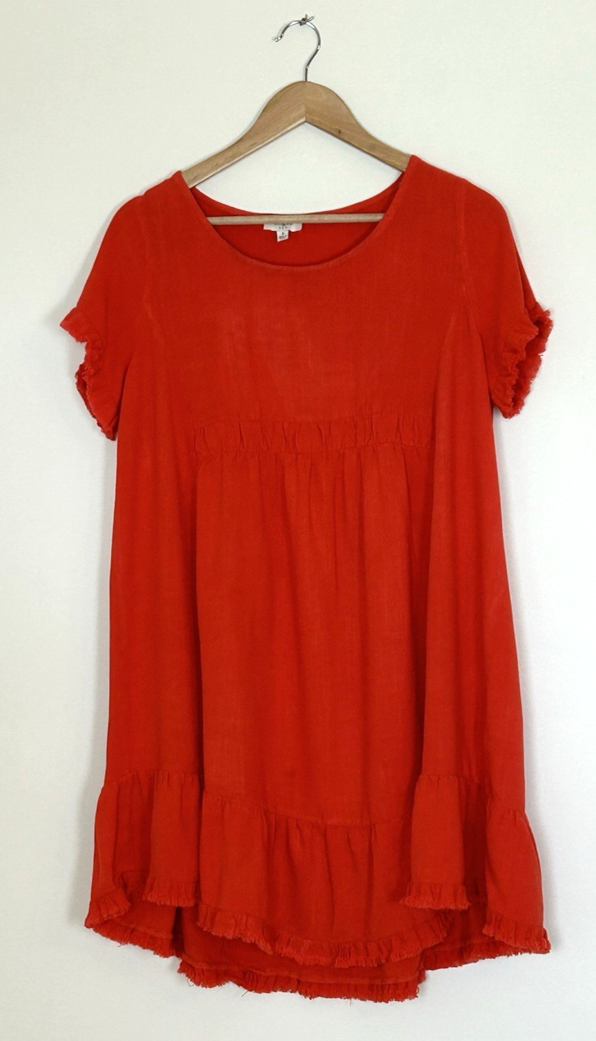 UMGEE Linen Blend Dress Bright Orange Coral Ruffle Fringe Boho Beach Coastal S