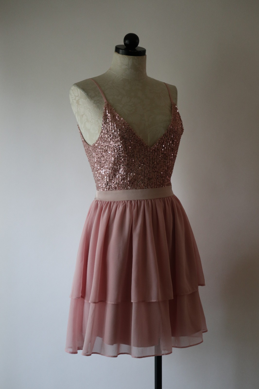 Storia Pink Metallic Sparkle Sequin Chiffon Ruffled Babydoll Mini Dress Women S
