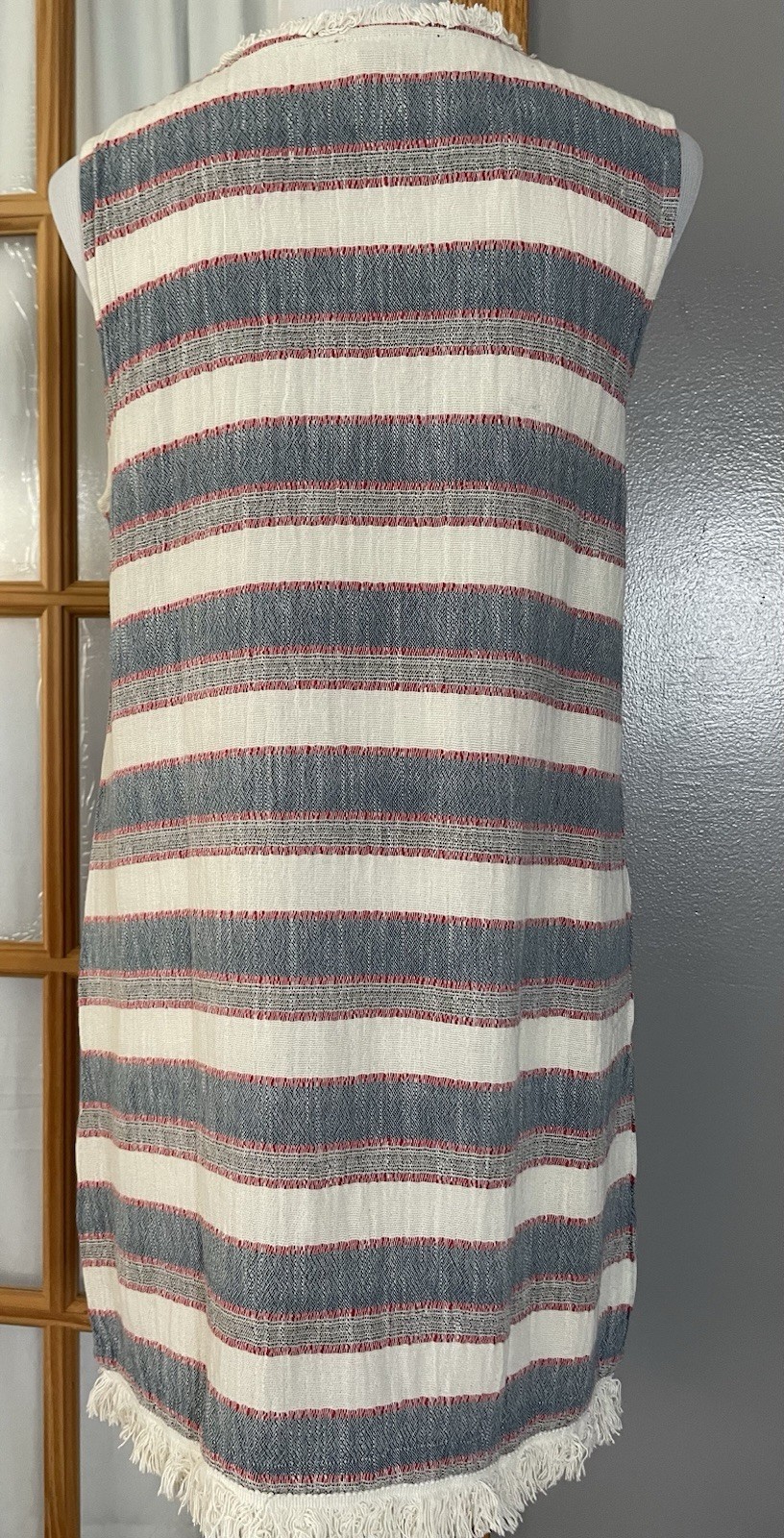 Chelsea & Theodore Striped Mini Dress Sz 12 Red Gray Fringed Hem Nautical Beach