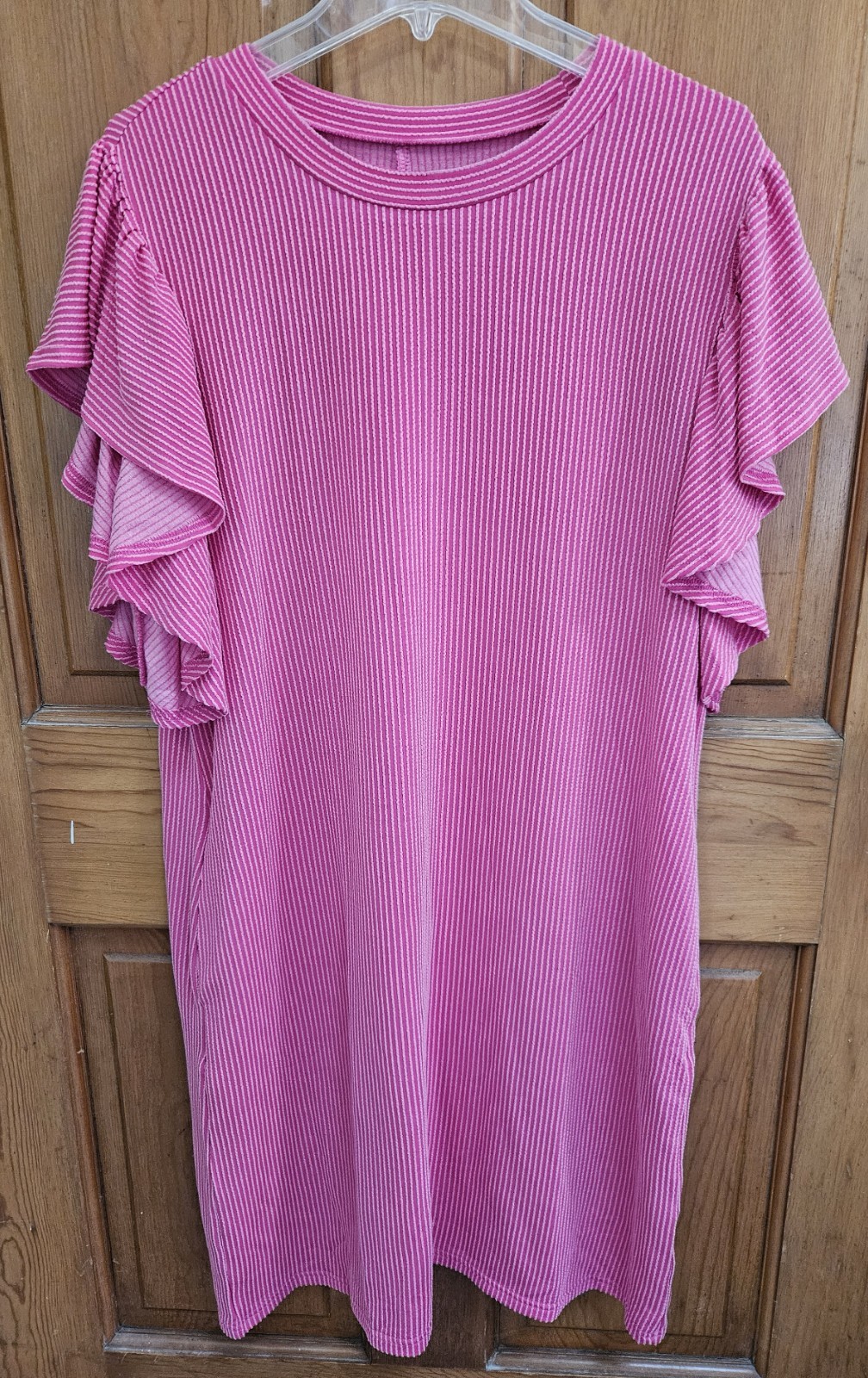 Unbranded Pink Textured Striped Shift Dress w/ Ruffled Sleeves – Sz XL